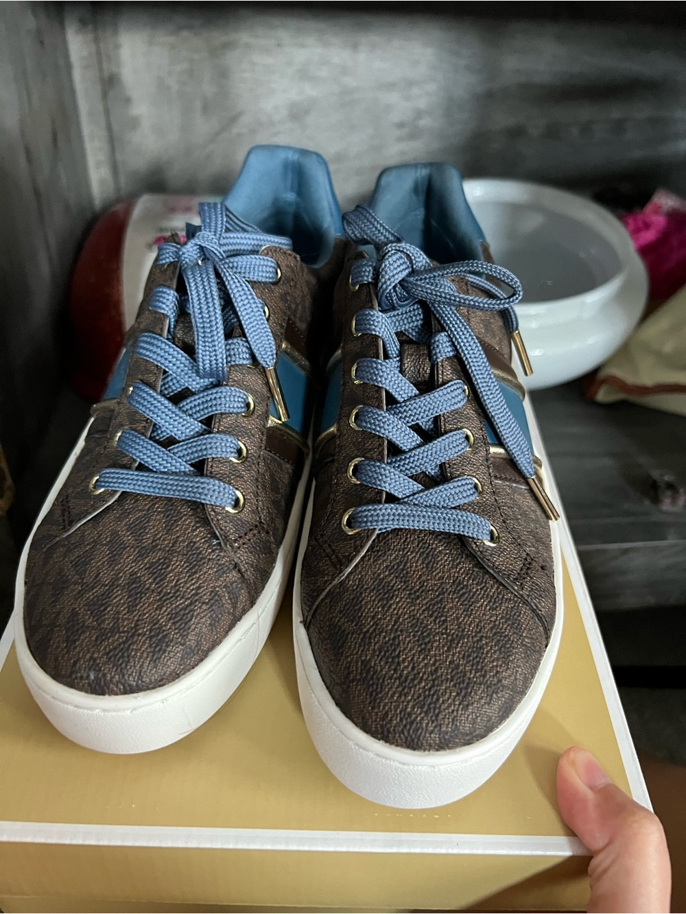 Michael Kors Brown Logo Low-Top Sneakers with Blue Accents - Picture 2 of 5